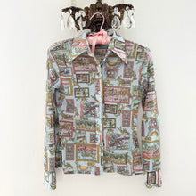 Load image into Gallery viewer, Rare 1970s Stained Glass Window Illustration French Disco Print Novelty Blouse (XS)