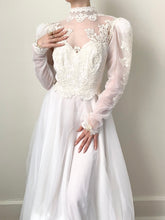 Load image into Gallery viewer, 70s Embroidered Lace Puff Sleeve Victorian Style Wedding Dress (XS/S)