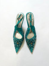 Load image into Gallery viewer, Vintage Turquoise Blue Beaded Slingback Mules (7.5)