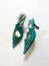Load image into Gallery viewer, Vintage Turquoise Blue Beaded Slingback Mules (7.5)