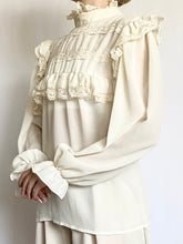 Load image into Gallery viewer, Poet Sleeve Lace Ruffle 1970s Blouse (M)
