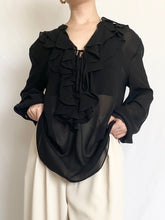 Load image into Gallery viewer, Black Silk Ruffle Blouse (M)