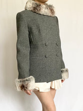 Load image into Gallery viewer, Grey Fur Trim 1950s Wool Coat and Skirt Set (M)