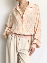 Load image into Gallery viewer, Pink Satin 1970s Rose Swiss Dot Blouse (M)