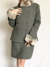 Load image into Gallery viewer, Grey Fur Trim 1950s Wool Coat and Skirt Set (M)
