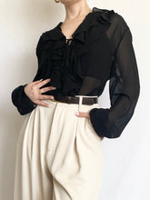 Load image into Gallery viewer, Black Silk Ruffle Blouse (M)