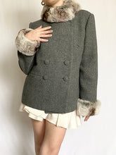 Load image into Gallery viewer, Grey Fur Trim 1950s Wool Coat and Skirt Set (M)