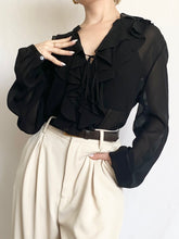 Load image into Gallery viewer, Black Silk Ruffle Blouse (M)