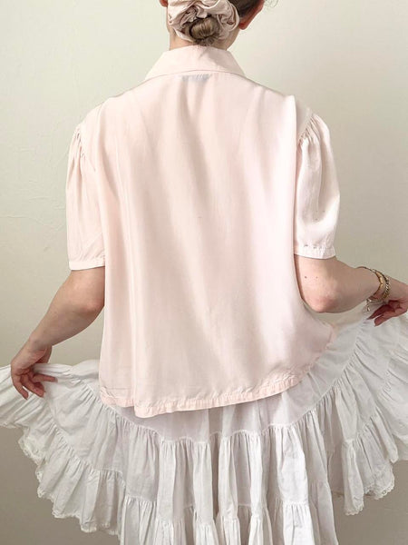Pink Silky Floral Rose 1940s Bed Jacket (S)