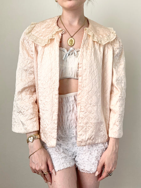 Pink Silk Satin Quilted Antique 1930s 1940s Bed Jacket (S)
