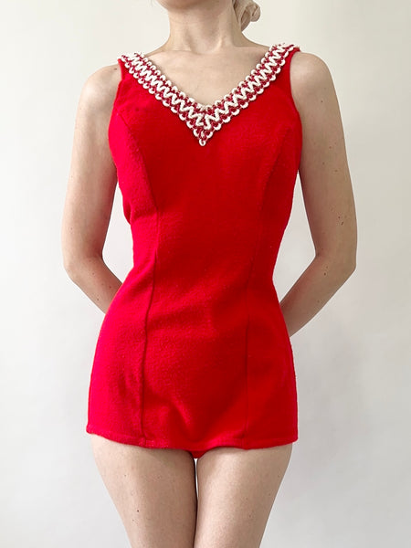 Retro 1950s Red Wool One Piece Bullet Bra Swimsuit (XS/S)