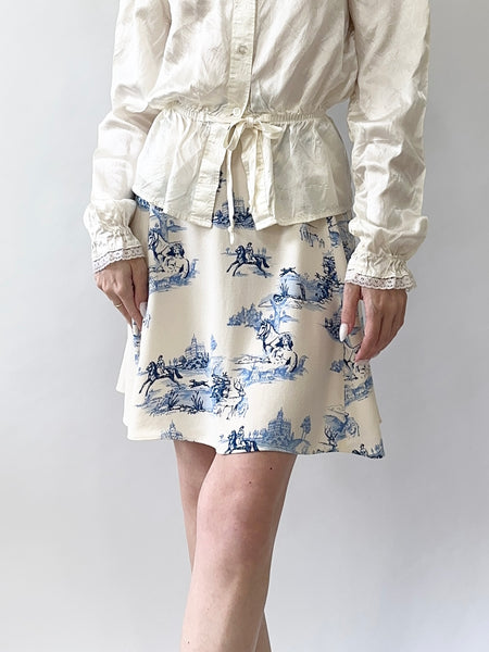 Blue Toile De Jouy French Vintage Style Mini Skirt (S)