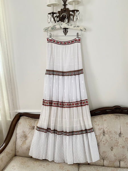 Vintage Inspired Colorful Ribbon Trim Tier Maxi Skirt (S)