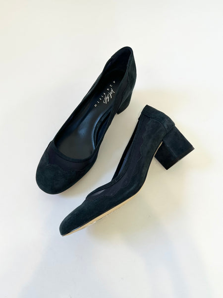 Navy Blue Suede Vintage Ballet Block Heels