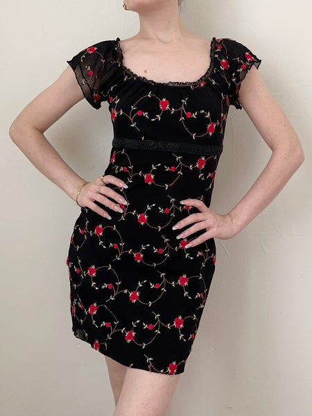 Red Rosette Embroidered Vintage Milkmaid Mini Dress (XS)