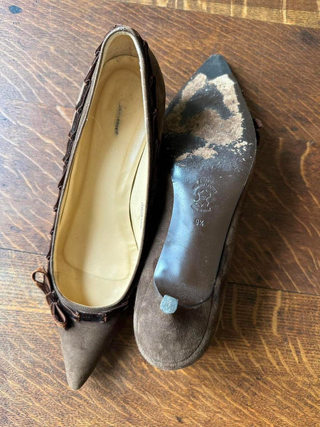 Brown Vintage Suede Velvet Ribbon Bow Kitten Heels (9.5)