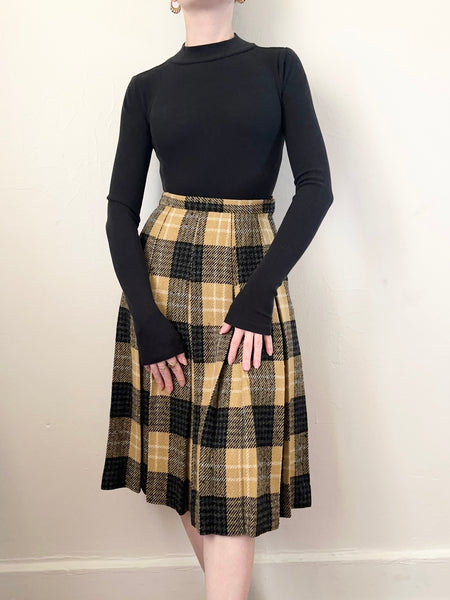 Vintage 1960s Plaid Wool Midi Skirt (XXS)