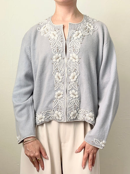 Baby Blue 1950s Beaded Pearl Cardigan Sweater (S)
