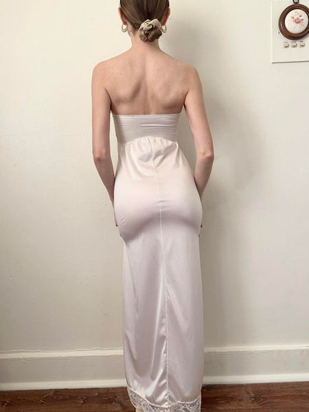 70s Ivory Satin Strapless Maxi Slip Dress (XXS)