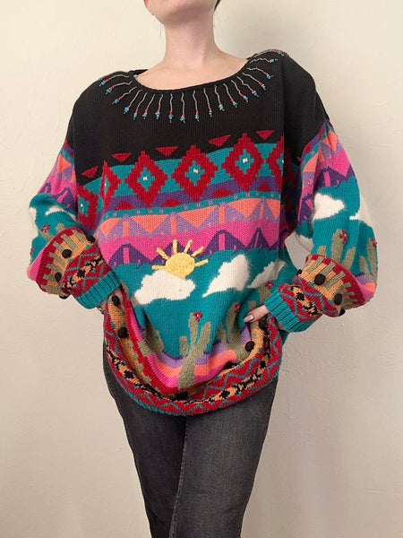 Southwestern Lux Knit Cactus Clouds Sweater (L)
