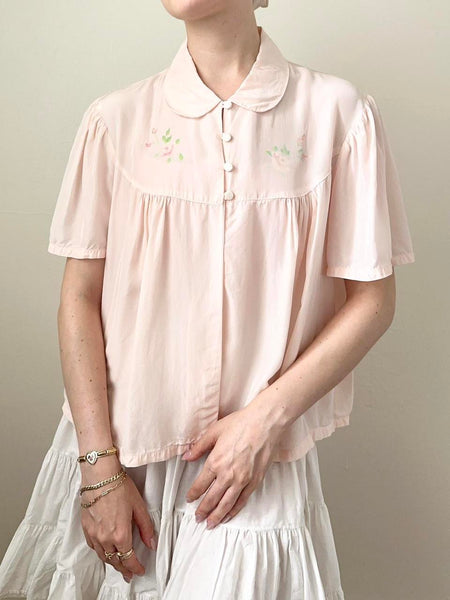 Pink Silky Floral Rose 1940s Bed Jacket (S)
