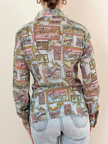 Rare 1970s Stained Glass Window Illustration French Disco Print Novelty Blouse (XS)