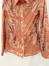 Load image into Gallery viewer, Vintage 1970s Art Nouveau Disco Print Novelty Button Down Blouse (XS/S)
