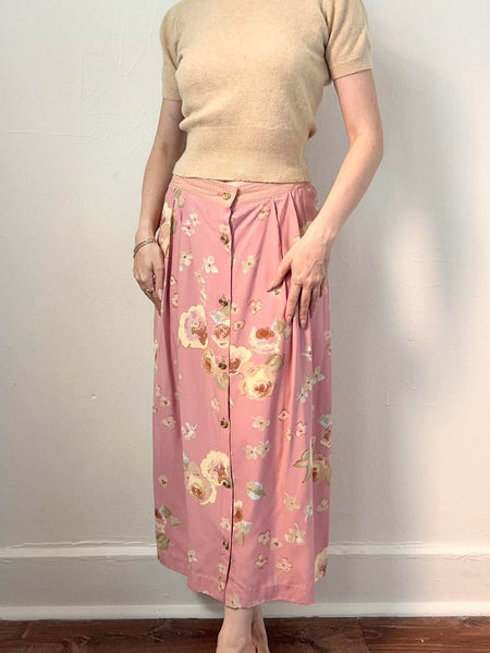 90s Pink Rose Garden Button Down Skirt (M, 28”)