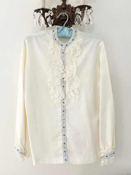 1970s Ruffle Blue Embroidered Ribbon Trim Blouse