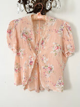 Load image into Gallery viewer, Peach Pink Floral Puff Sleeve Antique 1930s 1940s Silk Tie Bed Jacket Blouse (S/M)
