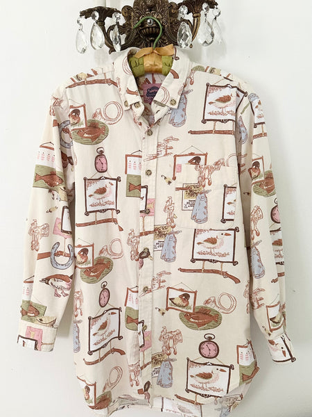 Old Country Novelty Print Cotton Button Up Blouse (M)