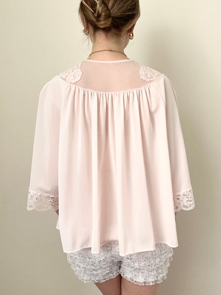 Pink Silky Lace Trim 1960s Princess Belle Sleeve Bed Jacket (S)
