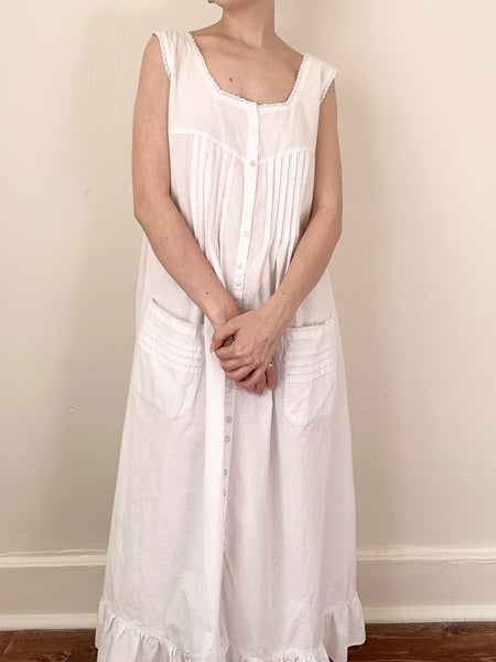 White Cotton Vintage Prairie Edwardian Style Button Down Nightgown (S)