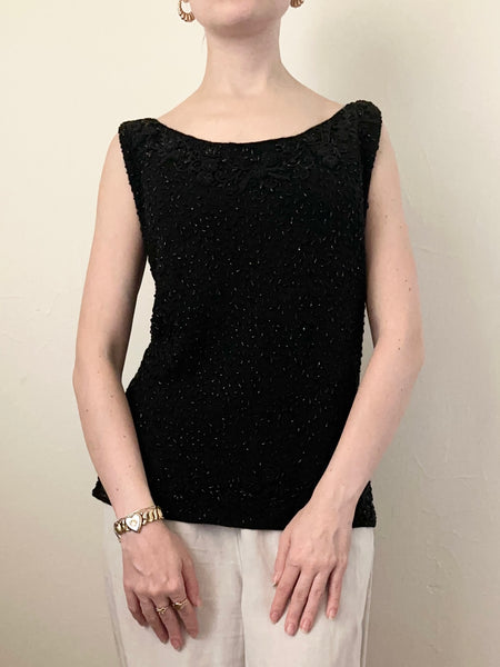 Hand Made 1960s Black Wool Beaded Sleeveless Blouse
(M)