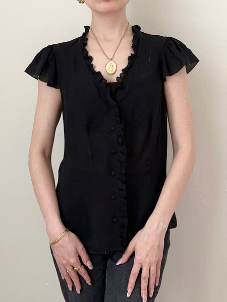 Romantic Black Silk Ruffle Button Up Blouse (6)