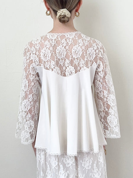 White Silky Lace 1950s Princess Belle Sleeve Bed Jacket (S/M)