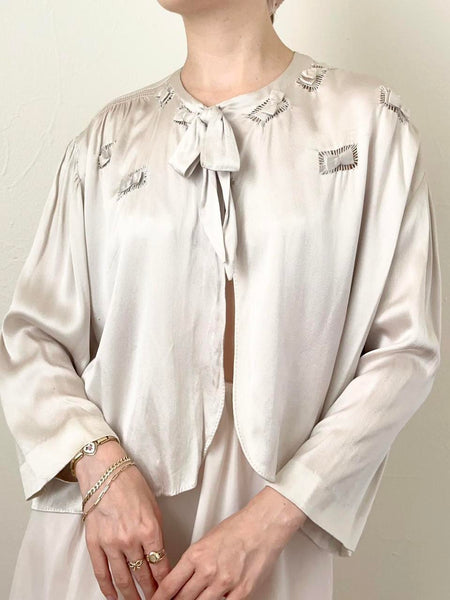 Vintage 1940s Baby Blue Liquid Satin Bow Bed Jacket (S/M)