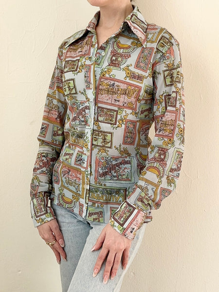 Rare 1970s Stained Glass Window Illustration French Disco Print Novelty Blouse (XS)