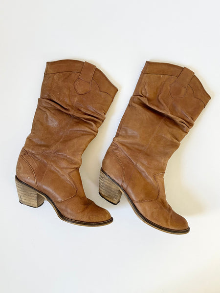 Brown Camel Leather Slouchy Western Cowboy Boots (6)