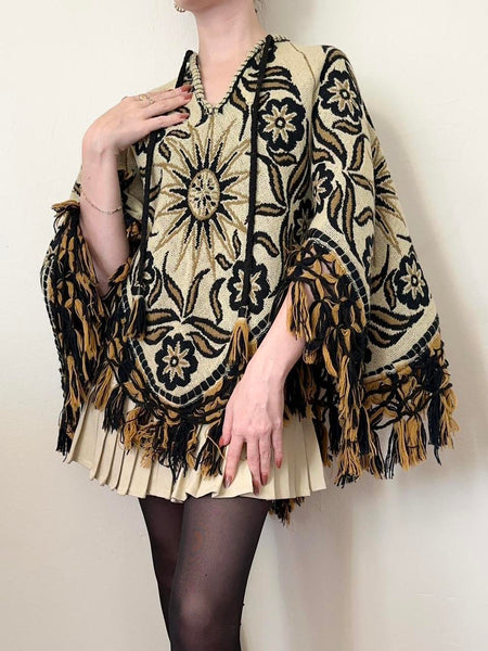 60s Reversible Celestial Sun Boho Tapestry Poncho (OS)