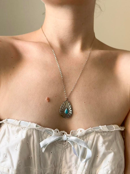 Vintage Sterling Silver Navajo Inspired Genuine Turquoise Necklace (18”)