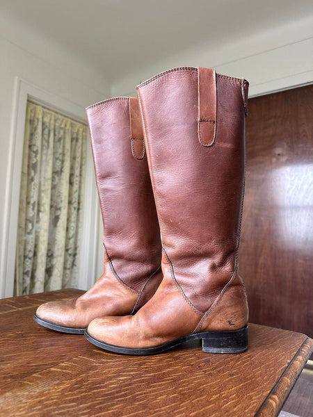Warm Brown Leather Campus Style Boho Western Knee High Riding Boots (6.5)