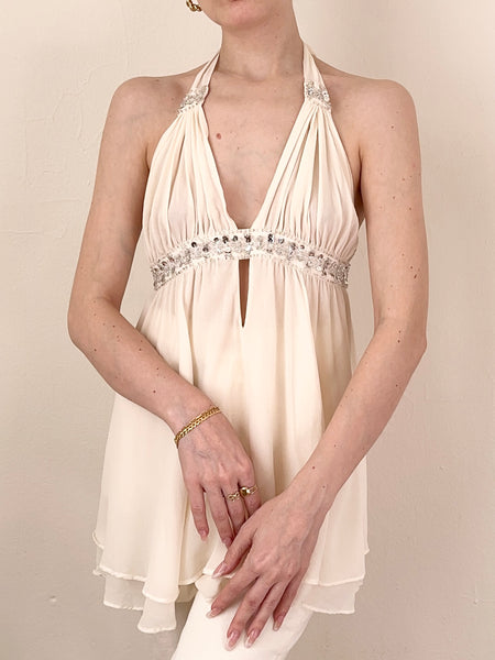 Victoria’s Secret Ivory Silk Silver Sequin Halter Blouse (L)