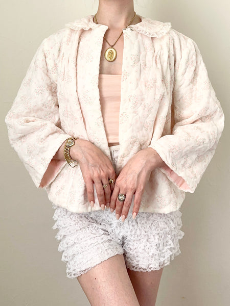 Pink Silky Ditsy Floral Lace Trim 1950s Bed Jacket (S)