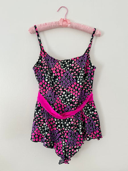 1980s Pink & Purple Floral Swimsuit (16, L)