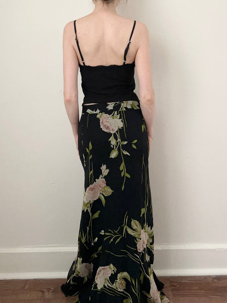 Vintage Black Silk Pink Roses Floral Skirt (10, 30”)