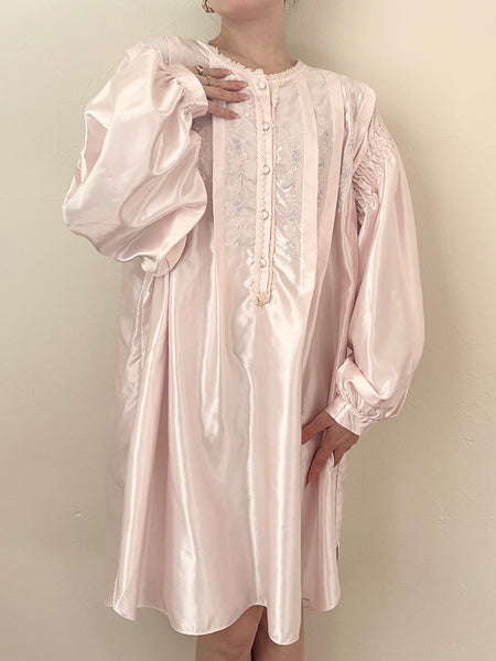 Vintage Pink Satin Embroidered Babydoll Nightgown (S)