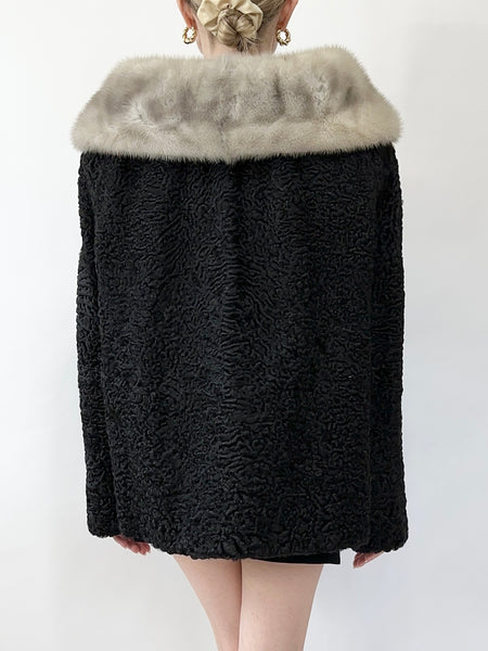 1960s Black Mink Collar Sherpa Wool Coat (M)