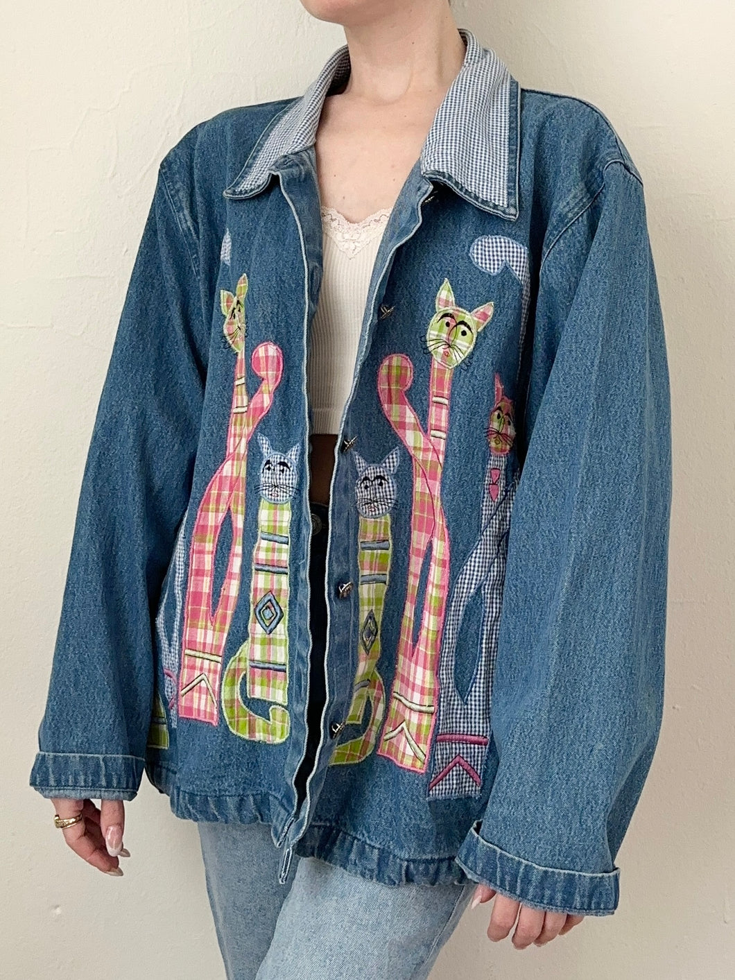 1990s Shabby Chic Denim Novelty Cat Jean Jacket (L)