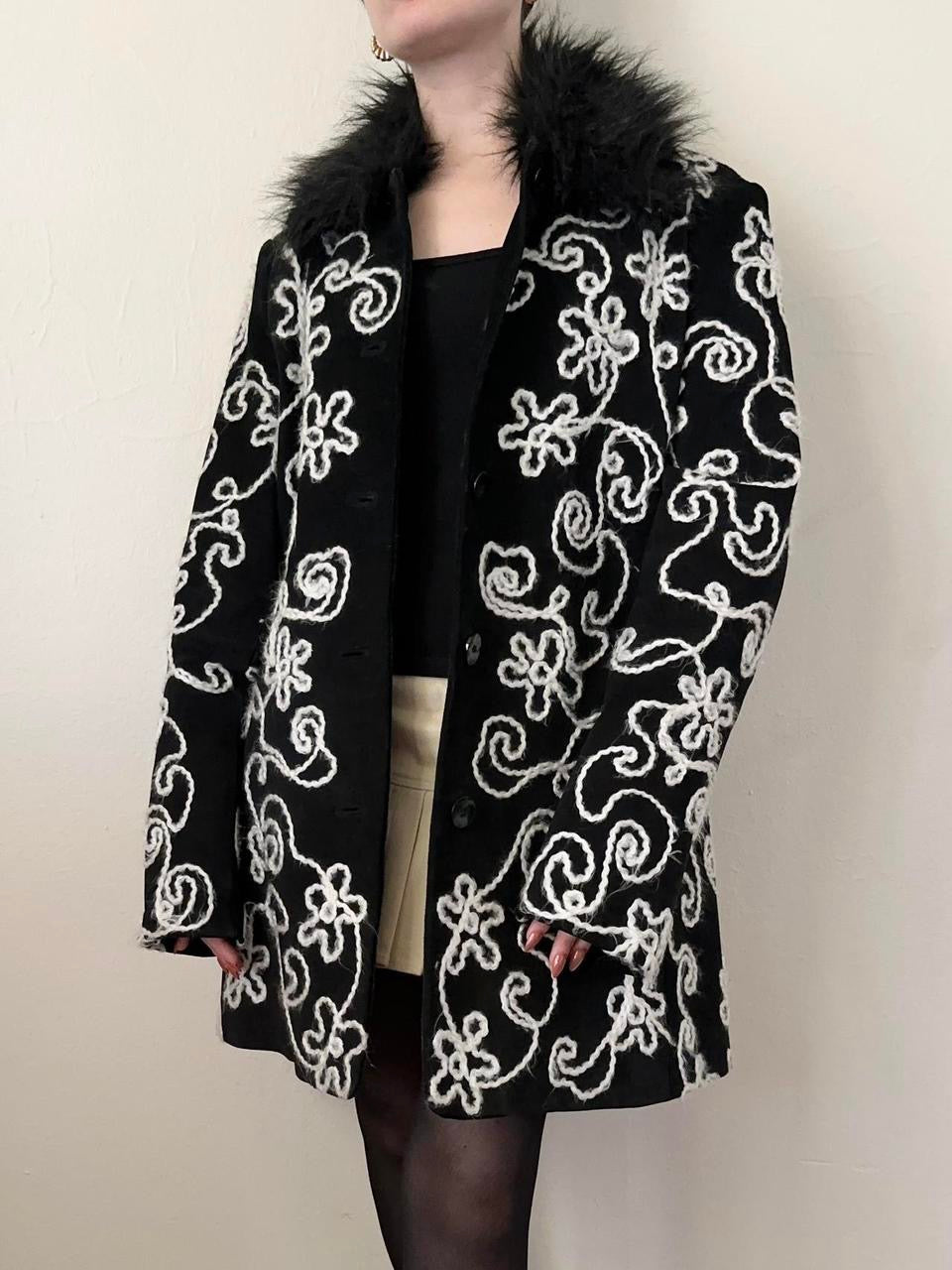 Black Suede Floral Embroidered Coat (S)